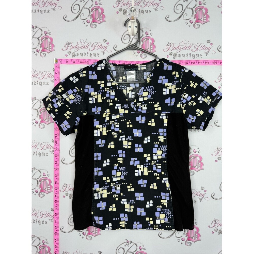 Cherokee Black Scrub Top with Lavender & Pale Yellow Geometric Print